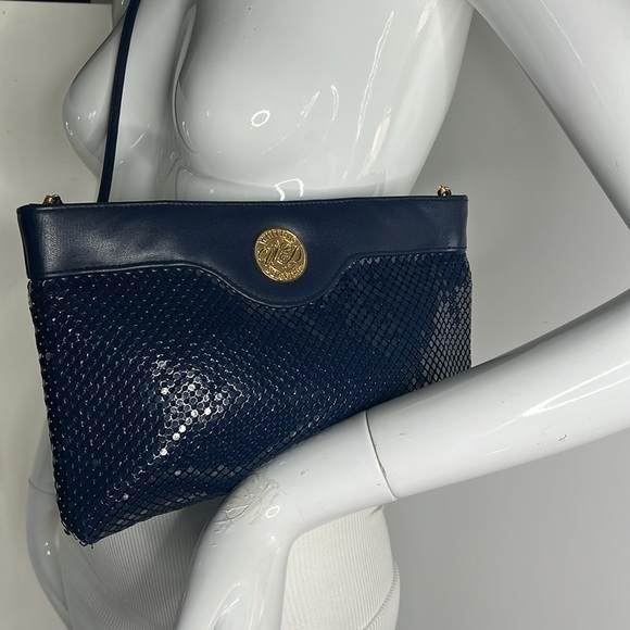 Whiting and Davis Navy Blue Metal Mesh and Leather Trim Shoulder Clutch Bag - Picture 2 of 11